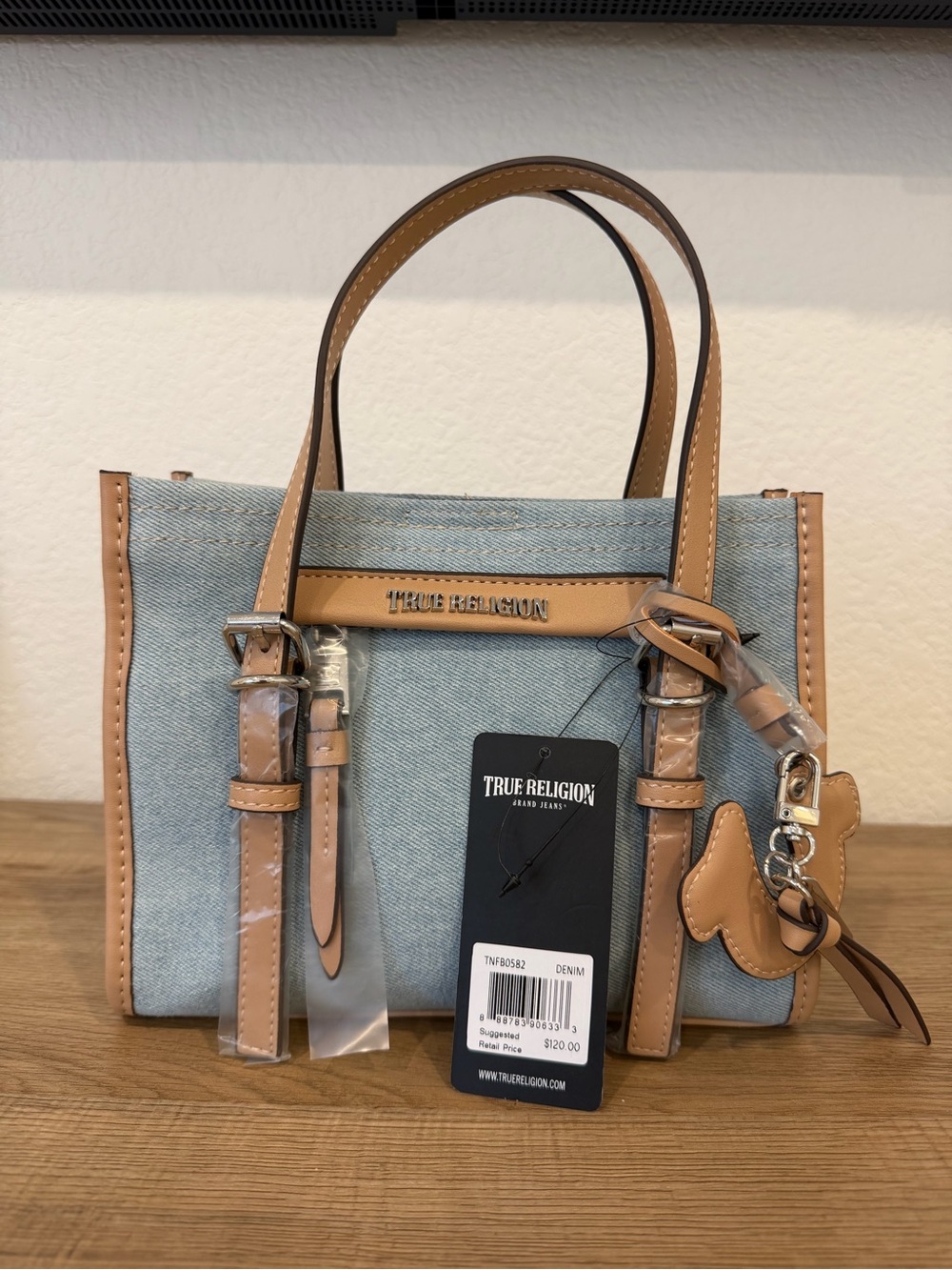 True Religion Light Denim and Tan Leather Shoulder/Tote Bag